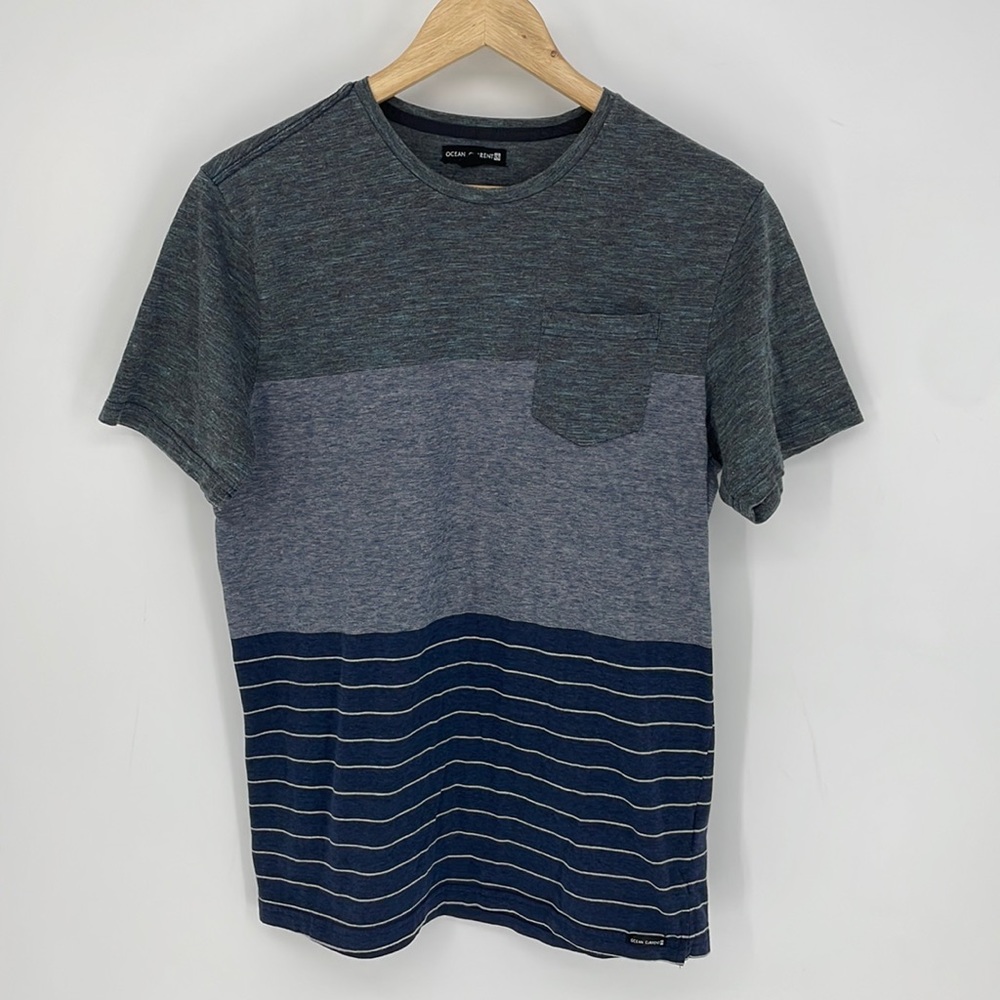 OCEAN CURRENT striped colorblock pocket tee shirt blue & gray size LRG men's